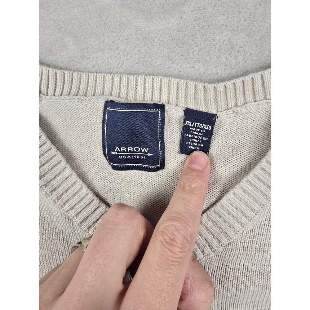 Arrow Sweater Men XXL Beige V-Neck Fair Isle Pattern Cotton Knit Pullover - Picture 3 of 8